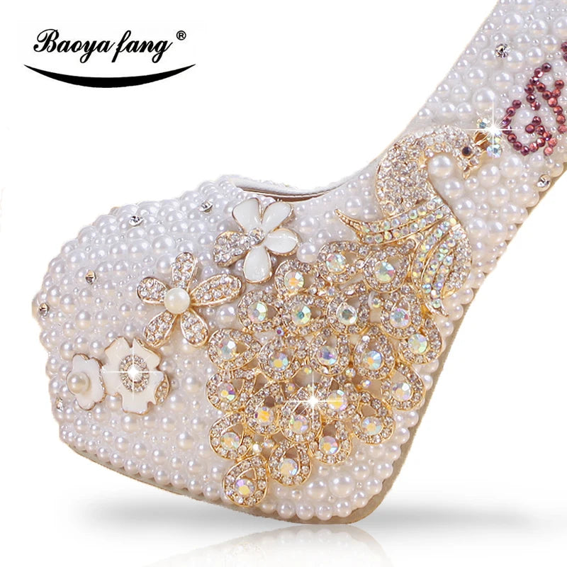 BaoYaFang White Pearl Beads Womens Wedding Shoes Bride High Woman Party Dress Shoes Luxury Peacock Female Shoes High Pumps
