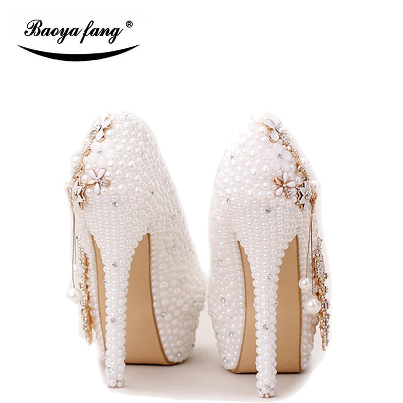 BaoYaFang White Pearl Beads Womens Wedding Shoes Bride High Woman Party Dress Shoes Luxury Peacock Female Shoes High Pumps