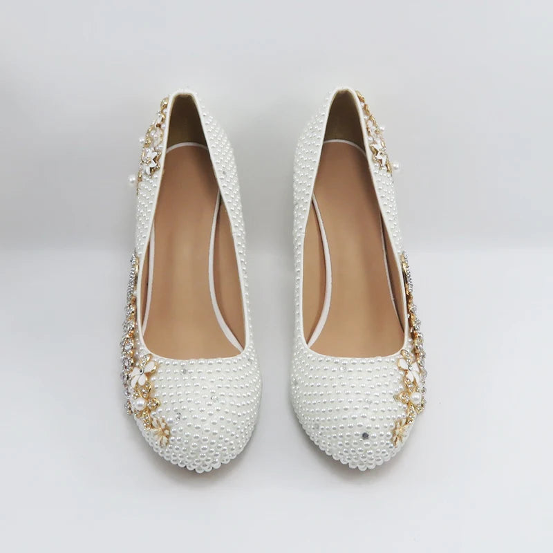 BaoYaFang White Pearl Beads Womens Wedding Shoes Bride High Woman Party Dress Shoes Luxury Peacock Female Shoes High Pumps