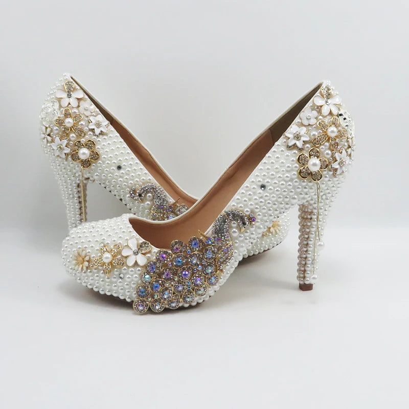 BaoYaFang White Pearl Beads Womens Wedding Shoes Bride High Woman Party Dress Shoes Luxury Peacock Female Shoes High Pumps