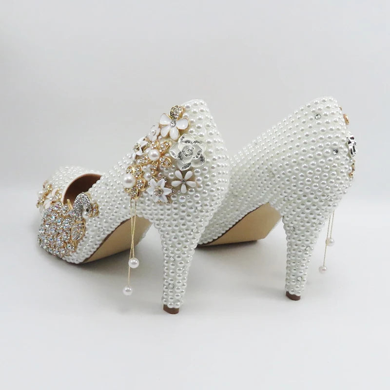 BaoYaFang White Pearl Beads Womens Wedding Shoes Bride High Woman Party Dress Shoes Luxury Peacock Female Shoes High Pumps