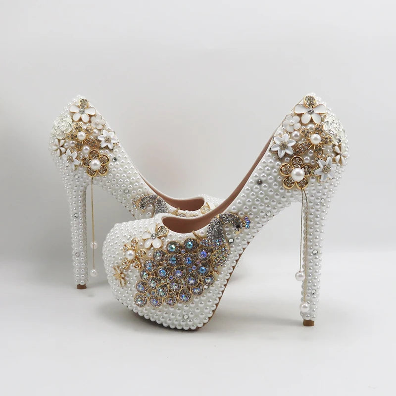 BaoYaFang White Pearl Beads Womens Wedding Shoes Bride High Woman Party Dress Shoes Luxury Peacock Female Shoes High Pumps