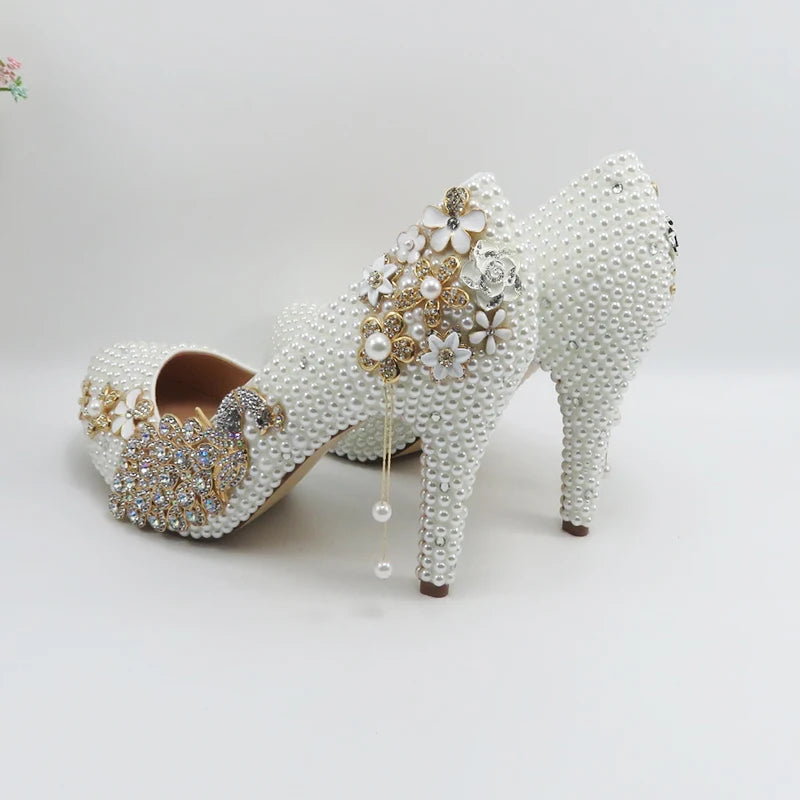 BaoYaFang White Pearl Beads Womens Wedding Shoes Bride High Woman Party Dress Shoes Luxury Peacock Female Shoes High Pumps